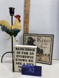 Two sayings plaques and metal chicken candle holder