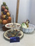 Tower of fruit ceramic décor, 2-tier fruit motif plate, chicken bundt pan fruit/vegetable bowl