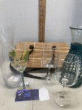 Wine accessory lot, three glasses, two decanters, wine bag