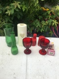 Box Lot/Candles, Red Glasses, Green Vases