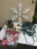Box Lot of Christmas Décor/String Lights, Ext Cords, Bows, Lighted Snowflake