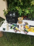 Black Crate Full of Hose Nozzles & Wand, Boxes of Nails, Blades, Cricket Bucket