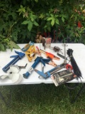 Box Lot of Tools/Caulk Guns, Cable Ties, Jumper Cables, Boat Motor Prop, ETC