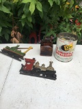 Box Lot/Old Decanter, Old Buttons in Luzianne Metal Bucket, Cast Aluminum Pieces
