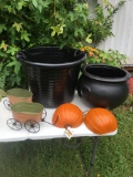 Haloween Lot/Couldron, Tub, Metal Wagons, Pumpkins