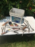 Bucket Full of Stuff/Ratchets, Hole Saw Blade, Vise Grips, Screwdrivers, Chain, ETC