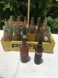 Old Plastic Yellow Pepsi Crate with Bottles/1 Clorox Bottle, 1 Orange Crush