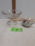 Glass Bowl on stand, Teapot w/roses