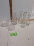 4 glass bud vases, glass creamer, glass bowl, lid