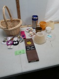 Basket Lot, Lampshades, cup, misc items
