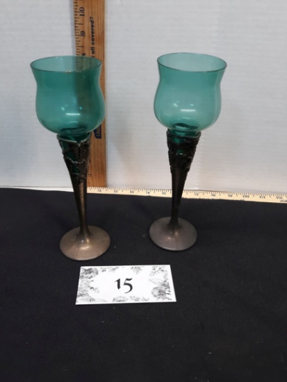 Set of Metal candle sticks w/green glass votives