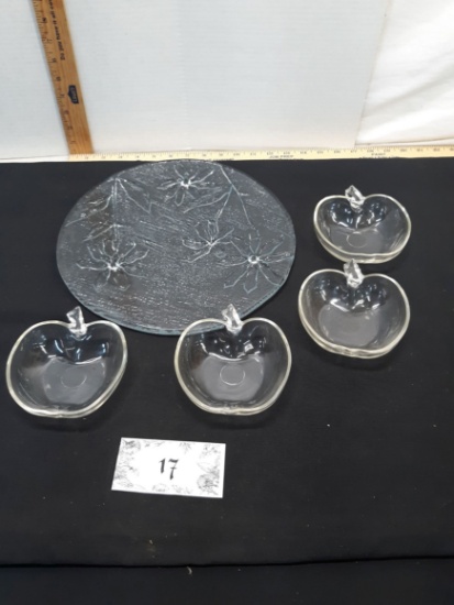 4 Glass Apple Bowls, glass serving tray