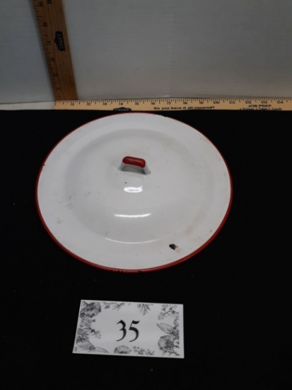 Vintage Enamel Ware White Lid trimmed in Red