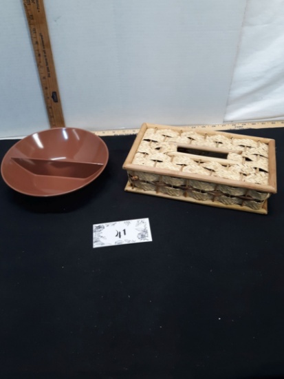 Vintage Ratan Kleenex holder, Brown Mel Mac divider bowl