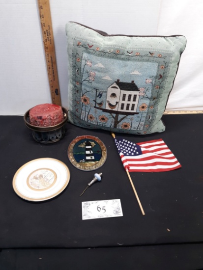 Metal Candle holder, American Flag, Lighthouse Stained Glass, Action Plate, Decor Birdhouse Pillow