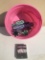 Pink Bucket with Poker Chips and Playing Cards