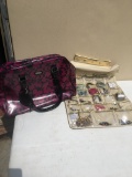 Ellen Tracy Tote and Hanging Jewelry Caddy with Misc Jewelry