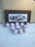 Baseball Themed Framed Piece and Several Baseballs