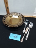 Brass Dish w/pedestal bottom, 3 pc silver plated utensils