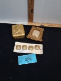 Gold colored lot, button covers, small frame, trinket box