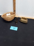 Brass Basket, Oval Straw Basket, 2 small wooden candle sticks