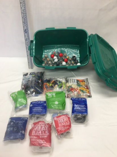 Green Tote Full/Burger King Meal Toys, GI Joe, Lego Packs, Many Squinties Toys
