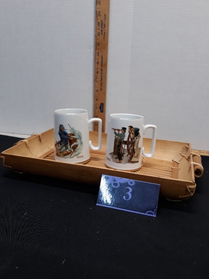 Bamboo serving tray and two Norman Rockwell Mugs