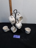 Tienshan Stoneware, 8 cups w/metal cup holder