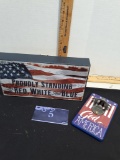 Two Red, White, and Blue wall décor pieces, bottle opener