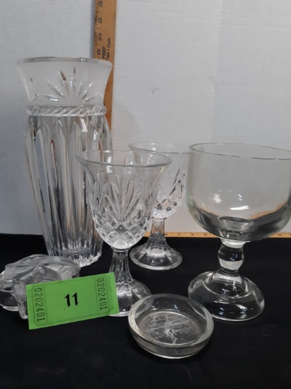CrystaL vase, Glass Votive holders, small glass trinket dish, engraved glass coaster