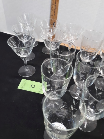 Crystal etched glassware, 6 champagne, 10 water tumblers, various patterns