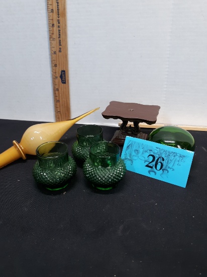 Vintage Green Votive Cups (3), Cast iron doll table, vintage stopper, etc