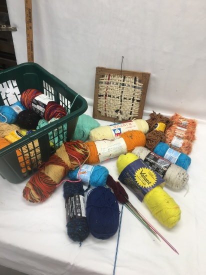 Green Laundry Basket Full of Yarn, NeedlePoint Yarn, Needles, ETC