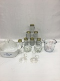 Box Lot/Corning Ware, Glass Measuring Cup, Small Lidded Jars, ETC.