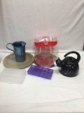 Box Lot/Cat Kettle, Cake Plate, Cupcake Container, Stoneware, ETC.