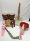 Box Lot/Wooden Steamer, Enamel Surface Collander, Flute, Leather Camel, ETC.