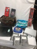 Box Lot/Leather Gym Bag, Metal License Plates, Composition Books, ETC.