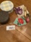 ceramic iris flower, fabric covered boxes, hummingbird candle stick décor, etc