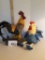 2 roosters, one resin welcome and one shelf sitter plush