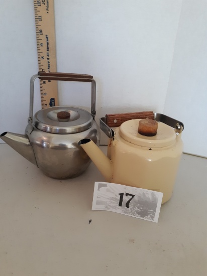 2 small teapots, one enamelware