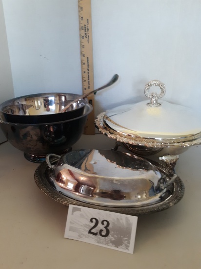 silverplate serving dishes, pyrex insert, bowls with ladle, covered casserole