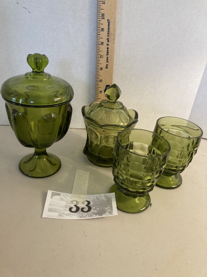 Green glass ware, stacked cubed rocks glasses coin candy dish, pedestal candy dish