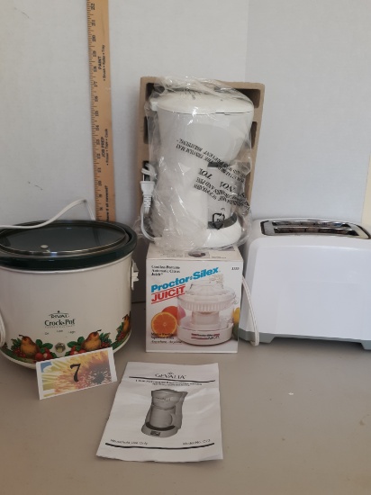 Toaster, Proctor Silex Juicer, Gevalia individual coffee maker, crock pot (damaged)