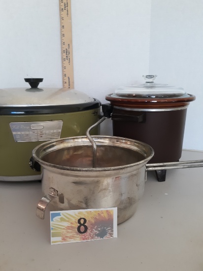 3 kitchen appliances, Nesco cooker, Dazey crock pot, food mill