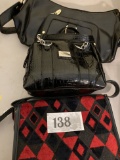 Three purses, Two black (one alligator print liz claiborne, one liz and co) and one red and black br