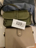 Three purses, Beige Bally, Green unnamed, blue BCBO Paris