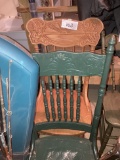 two chairs, one natural wood needs reglued, one green with pressed board seat insert