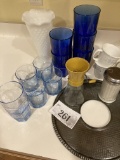 vintage kitchen and glassware lot, cobalt glasses, milk glass vase, nut grinder, etc