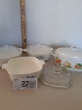 Three 1 ½ qt Cornflower Corning casserole, 2 with lids, 1 mismatch lid, oval casserole with veggie m