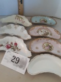 eight victorian bone dishes, one handpainted, floral and vignette tranfers